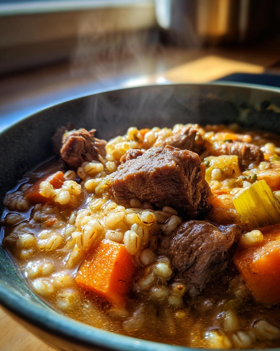Close-up of a bowl of Slow-Cooker Beef & Barley Stew with beef chunks, barley, and vegetables.