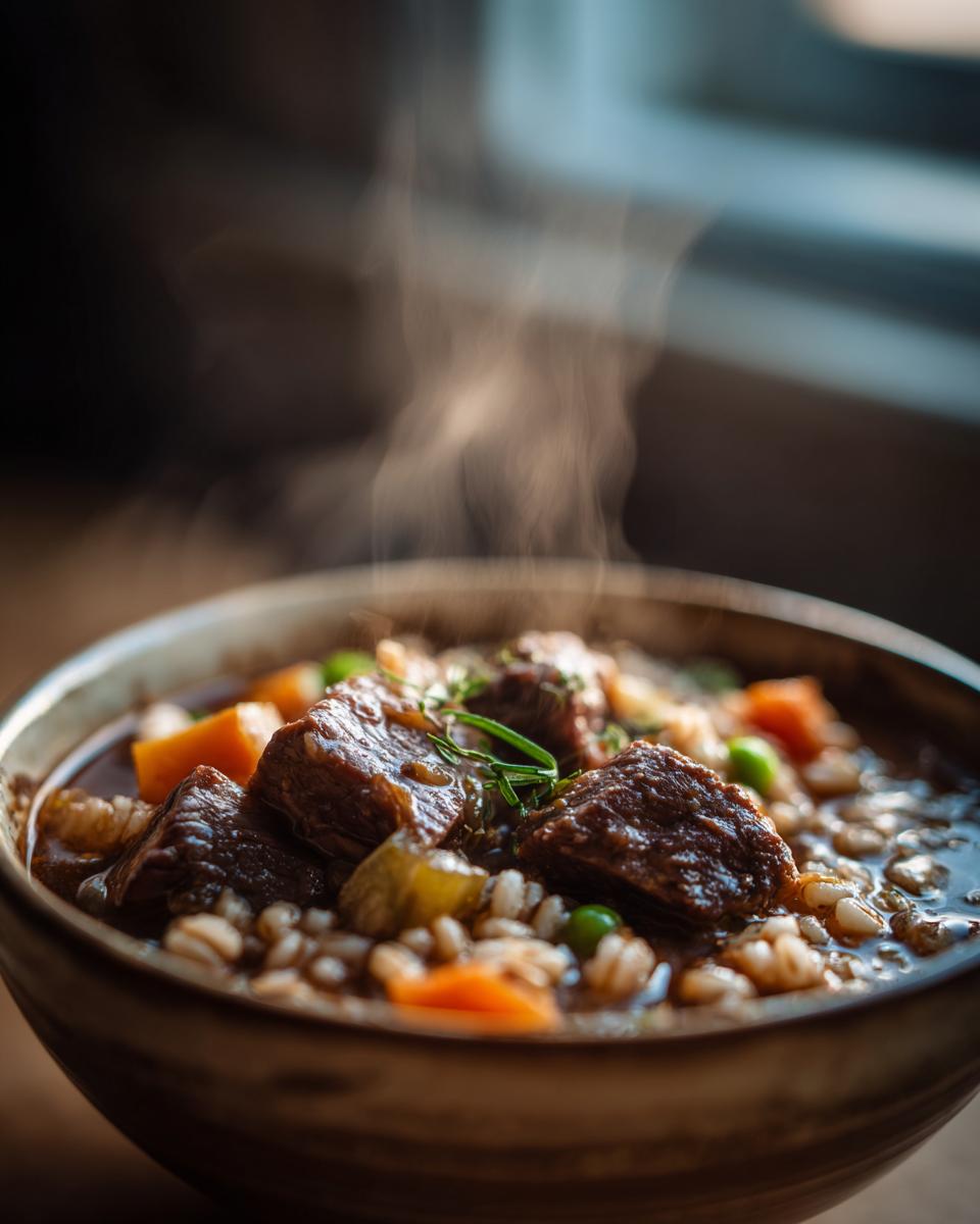 Close-up of a bowl of Slow-Cooker Beef & Barley Stew with vegetables and barley, steaming.