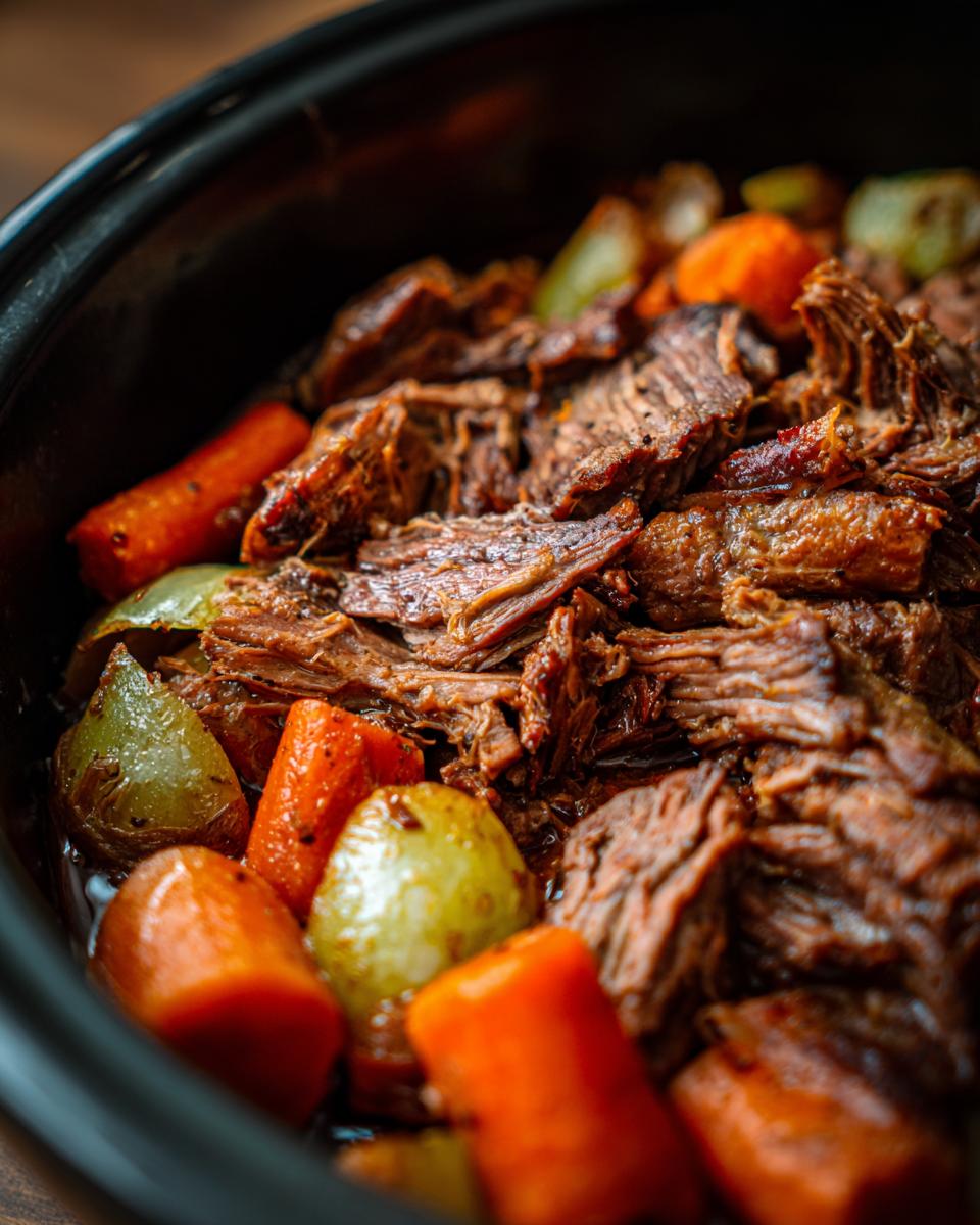 Close-up of a slow-cooker pot roast with carrots, onions, and tender beef.