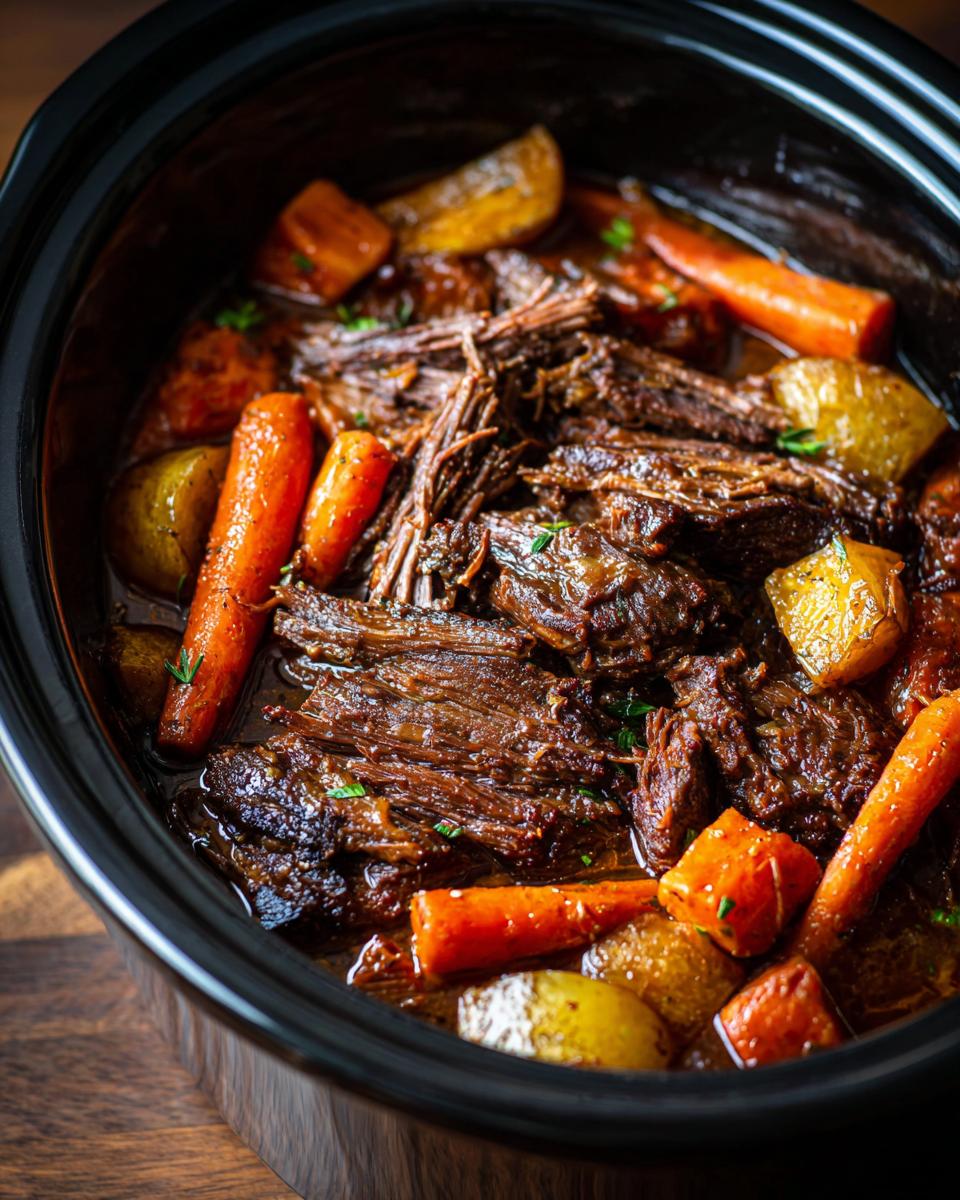 Close-up of a slow-cooker pot roast with tender meat, carrots, and potatoes.
