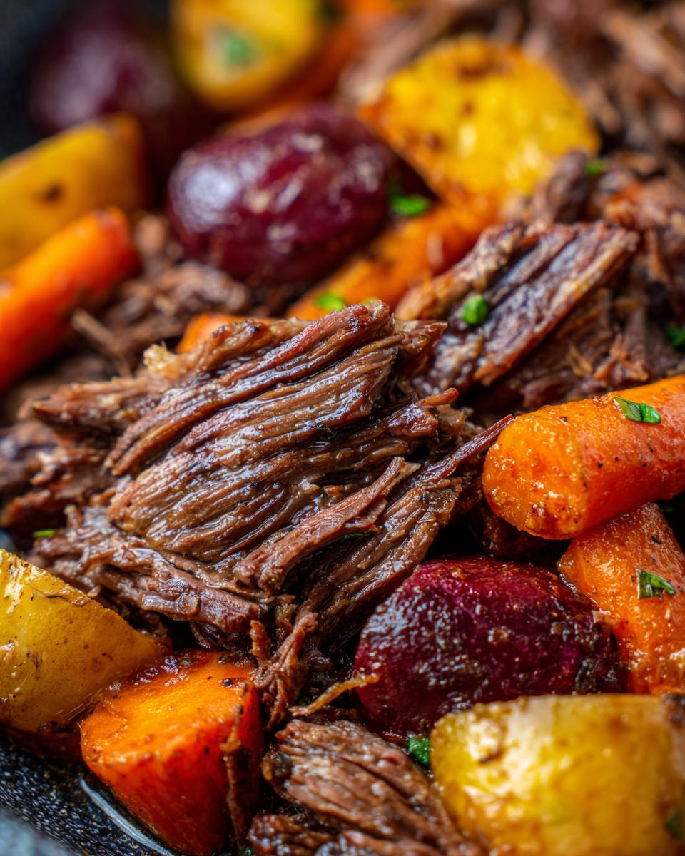 Close-up of a tender Slow-Cooker Pot Roast with carrots, potatoes, and beets.