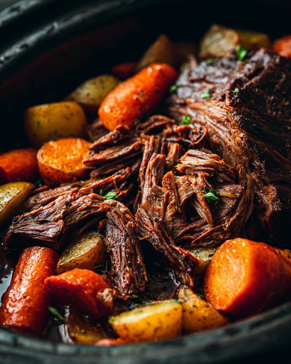 Close-up of a slow-cooker pot roast with tender shredded beef, carrots, and potatoes.
