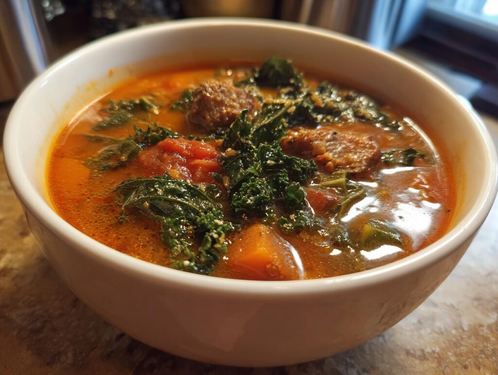 A bowl of delicious Smoky Sausage & Kale Winter Soup with sausage, kale, and tomatoes.