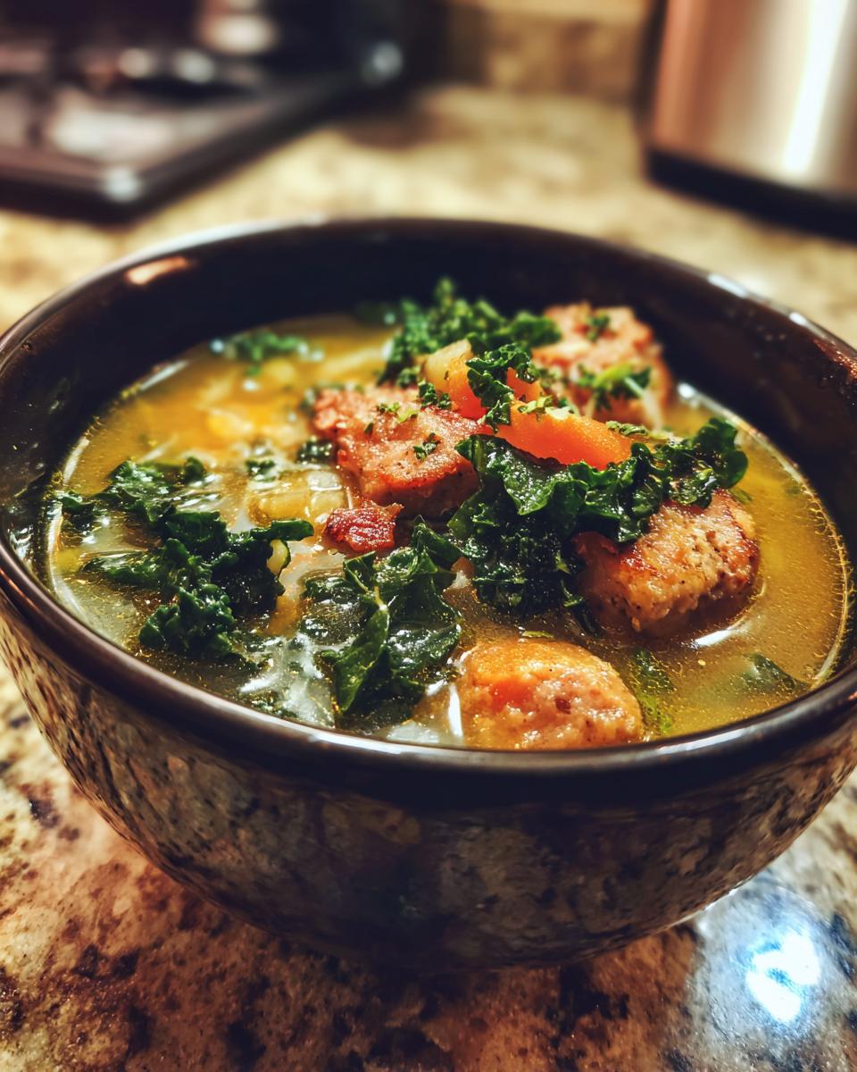Close-up of a bowl of Smoky Sausage & Kale Winter Soup, with sausage, kale, and broth.