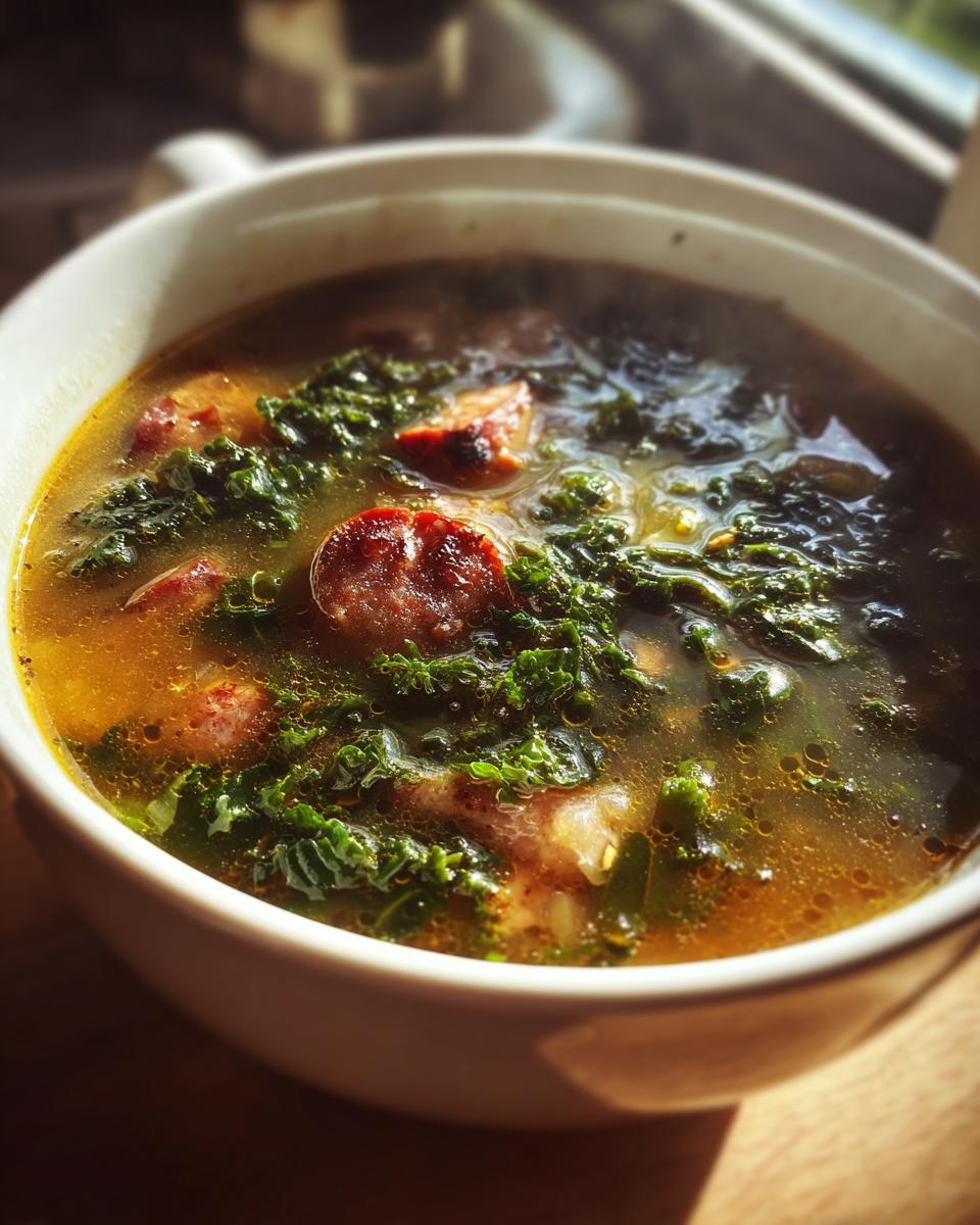 Close-up of a bowl of Smoky Sausage & Kale Winter Soup, with sausage, kale, and broth.