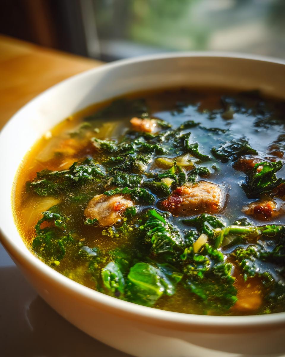 Close-up of a bowl of Smoky Sausage & Kale Winter Soup with sausage and kale.