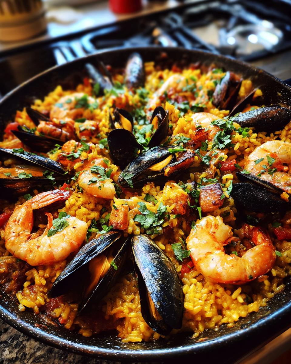 Close-up of a Spanish Seafood Paella with shrimp, mussels, and rice.