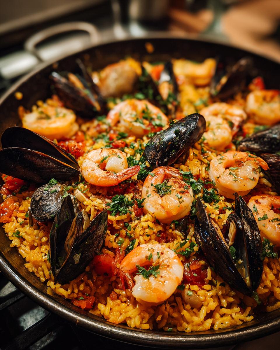 Close-up of a pan of Spanish Seafood Paella with shrimp, mussels, and rice.