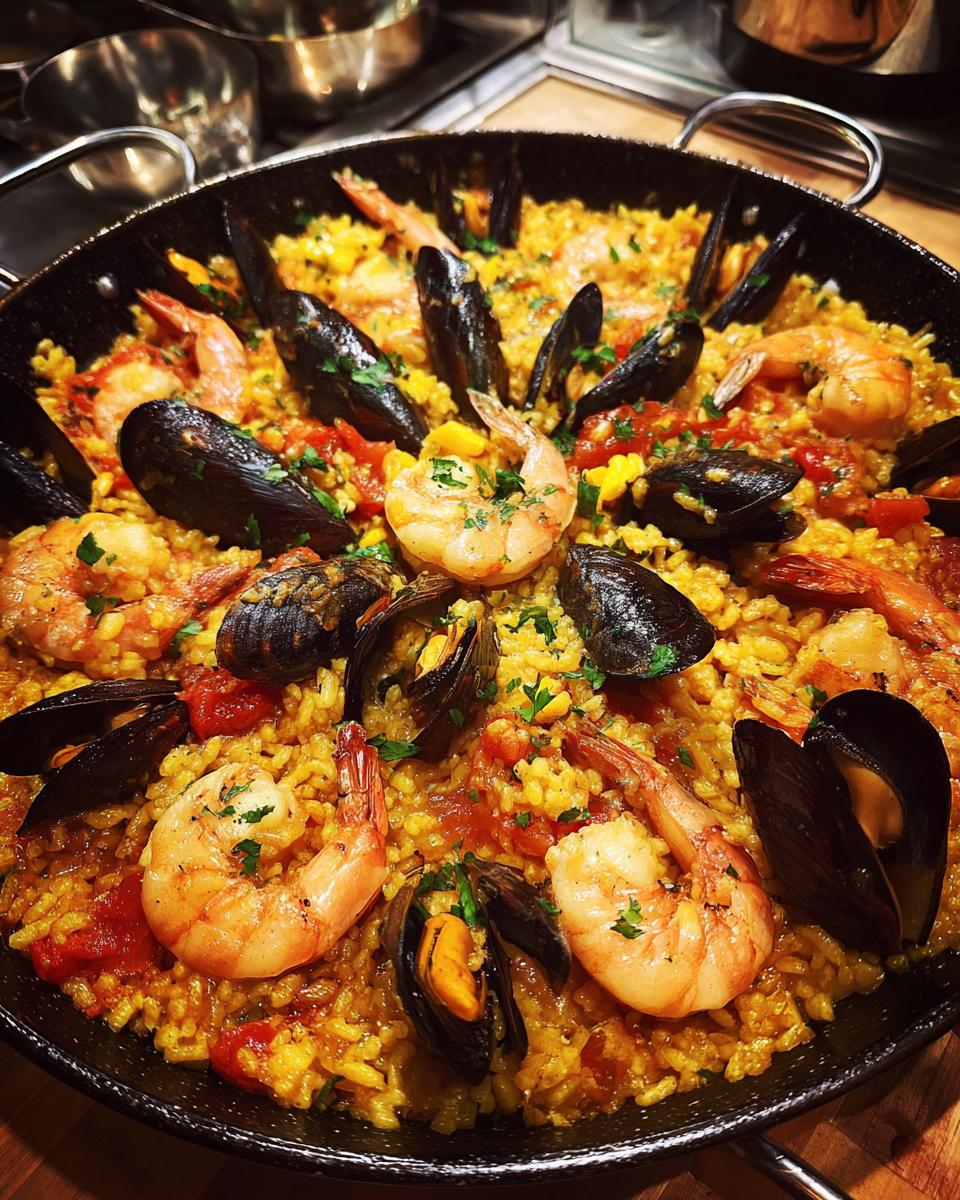 Overhead shot of a delicious Spanish Seafood Paella with shrimp, mussels, and rice.