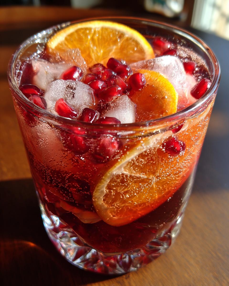 Close-up of a glass of Sparkling Pomegranate Sangria with orange slices, pomegranate seeds, and ice.