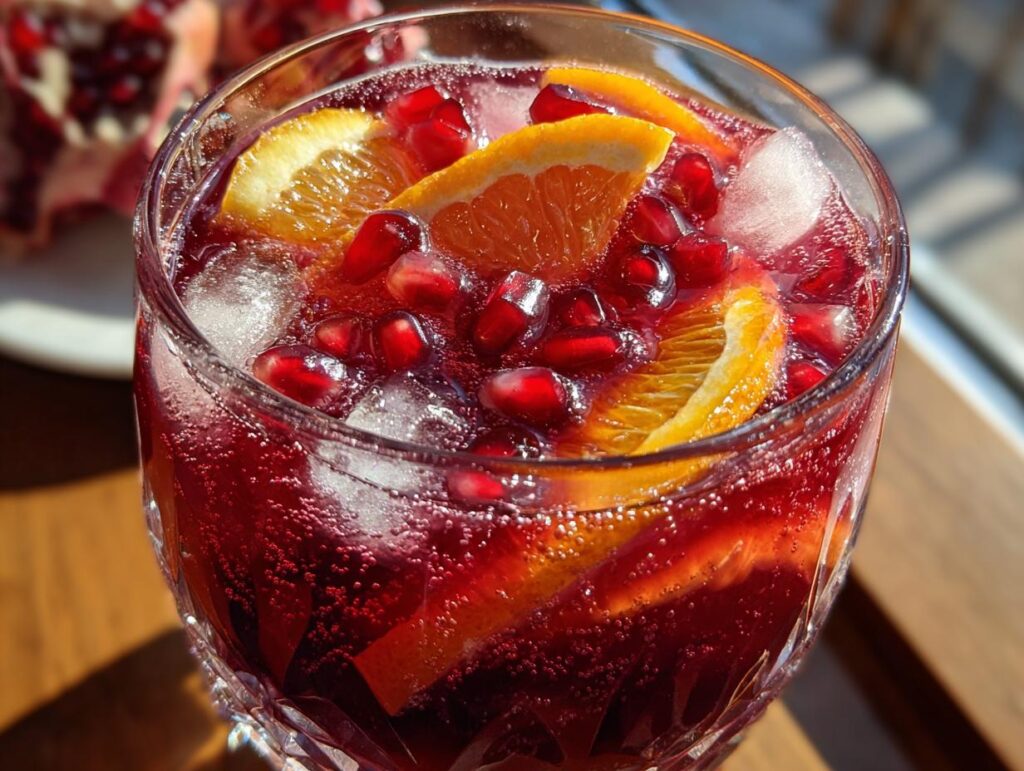 Close-up of a glass of Sparkling Pomegranate Sangria with orange slices, pomegranate seeds, and ice.