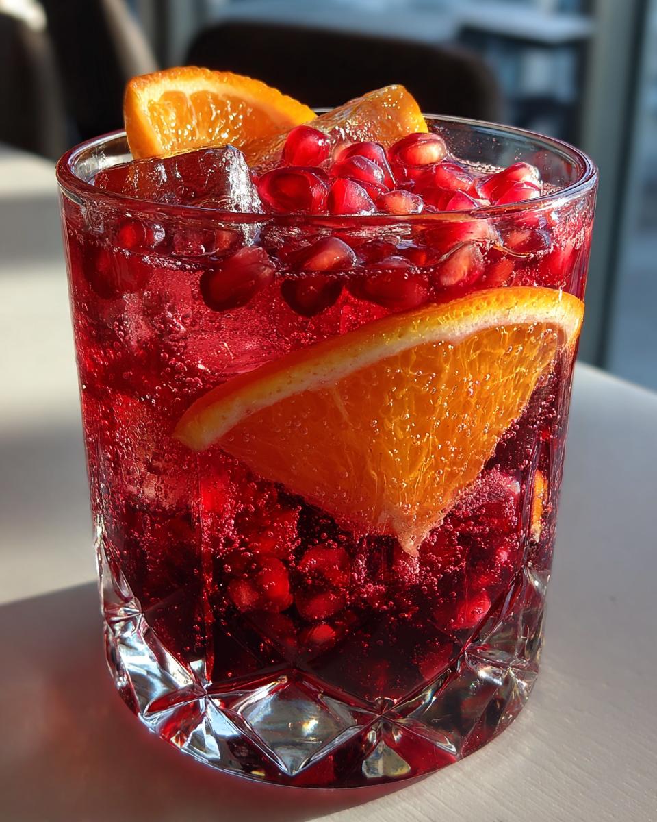 Close-up of a glass of Sparkling Pomegranate Sangria with orange slices and pomegranate seeds.