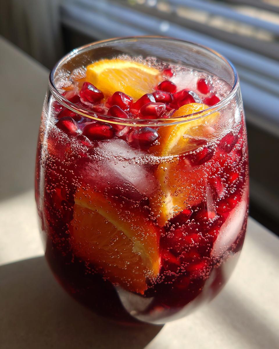 Close-up of a glass of Sparkling Pomegranate Sangria with orange slices and pomegranate seeds.