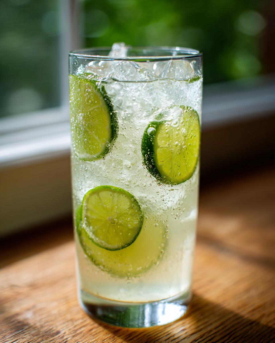 Close-up of a Spicy Ginger Lime Cooler with lime slices and ice in a tall glass.