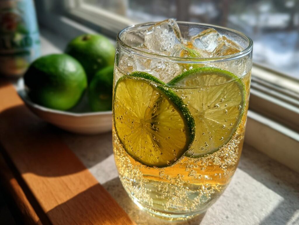 Close-up of a Spicy Ginger Lime Cooler with lime slices and ice.