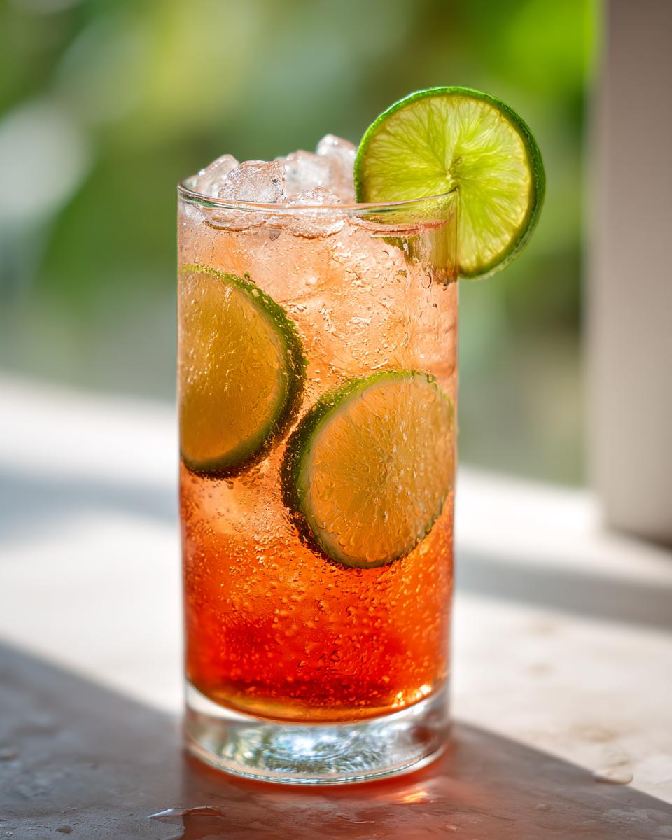 Close-up of a Spicy Ginger Lime Cooler with ice and lime slices, a refreshing drink.