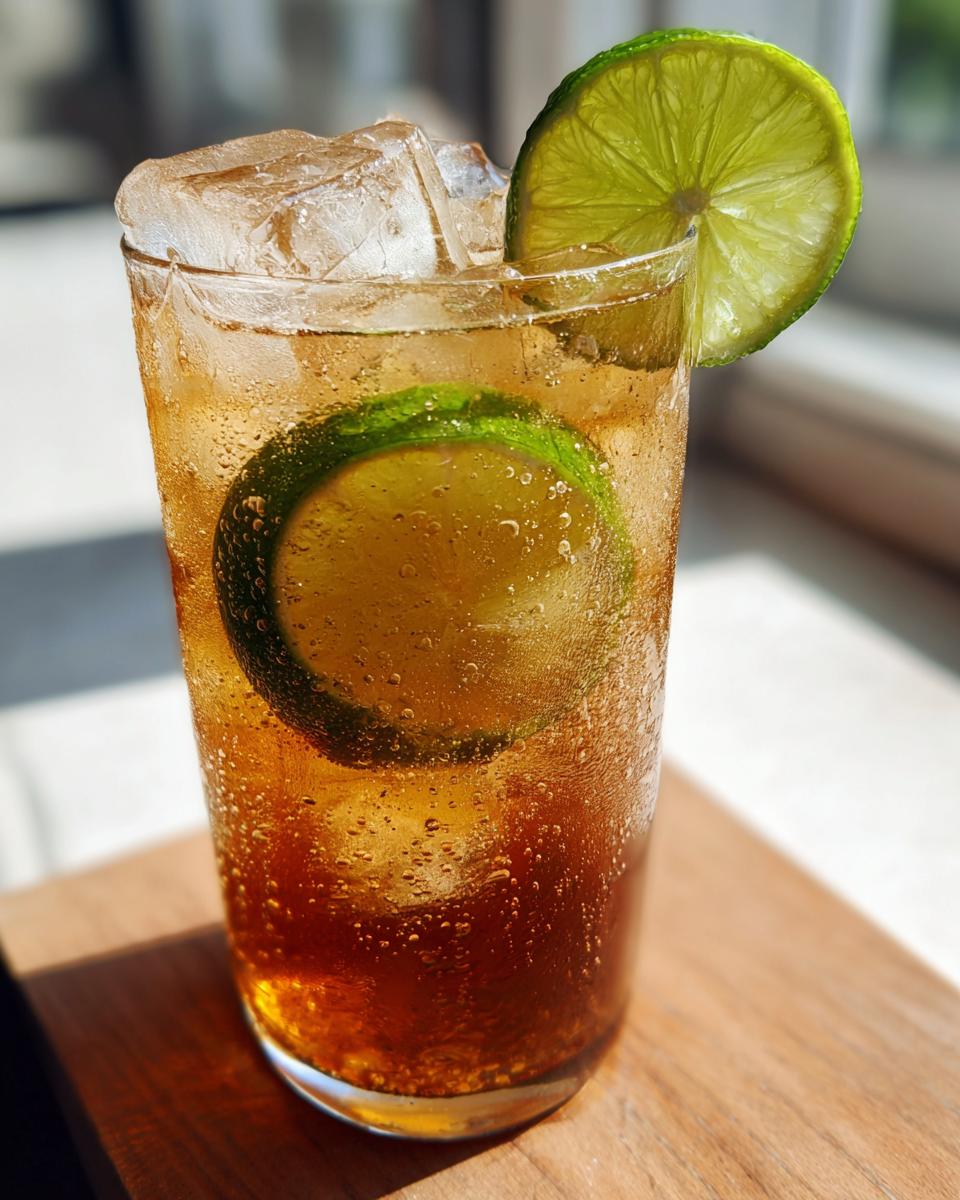 Close-up of a Spicy Ginger Lime Cooler with ice and lime slices, a refreshing drink.