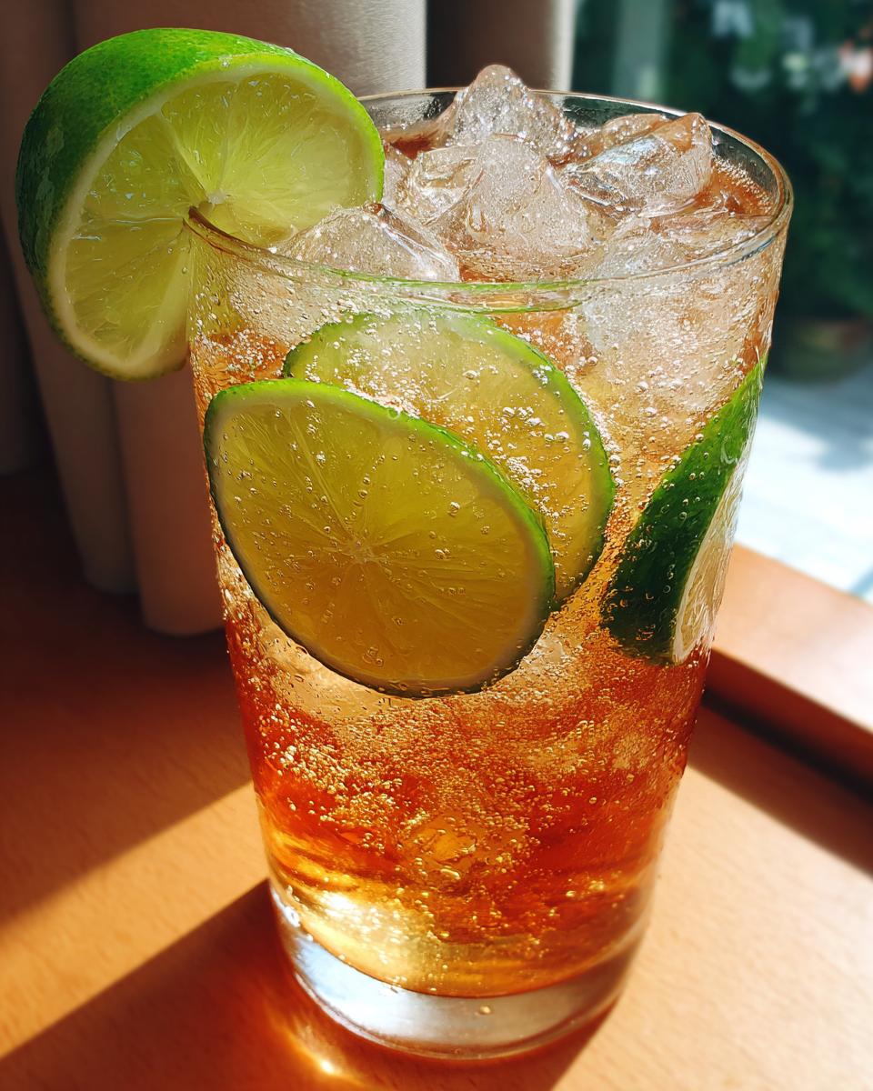 A tall glass of Spicy Ginger Lime Cooler with ice and lime slices.