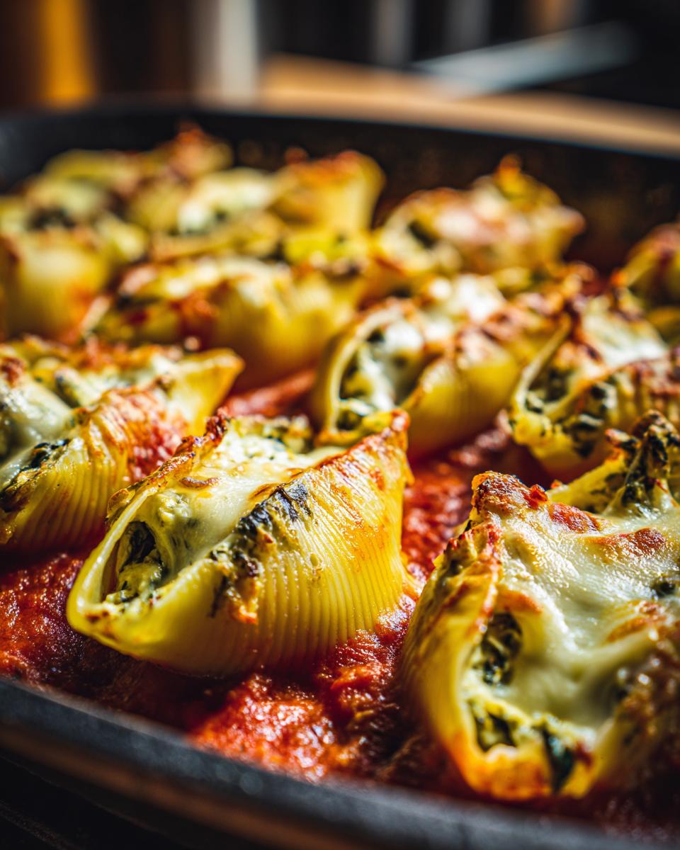 Close-up of baked Spinach & Ricotta Stuffed Shells in a baking dish with tomato sauce.