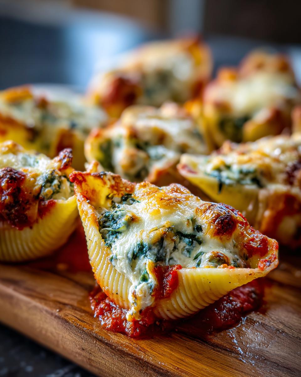Close-up of Spinach & Ricotta Stuffed Shells, baked with cheese and served on a wooden board.
