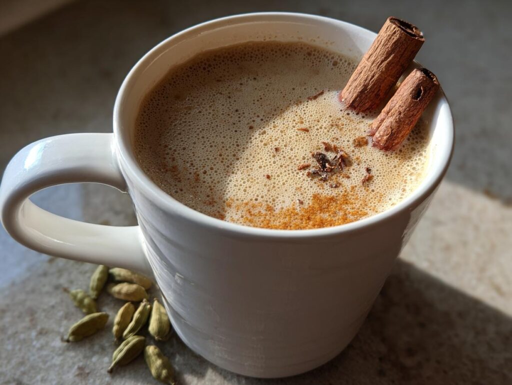 A warm, frothy The Perfect Stovetop Chai Latte in a white mug with cinnamon sticks and cardamom.