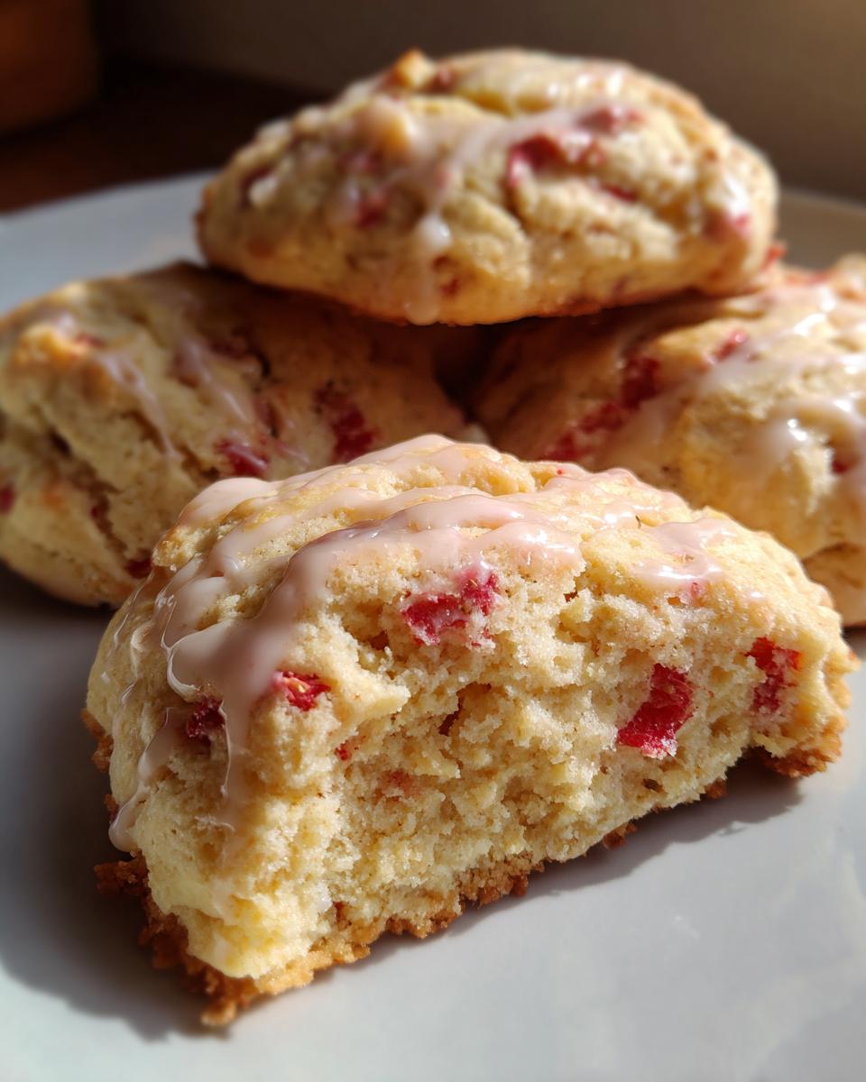 Close-up of glazed STRAWBERRY CAKE MIX COOKIES with visible strawberry pieces.