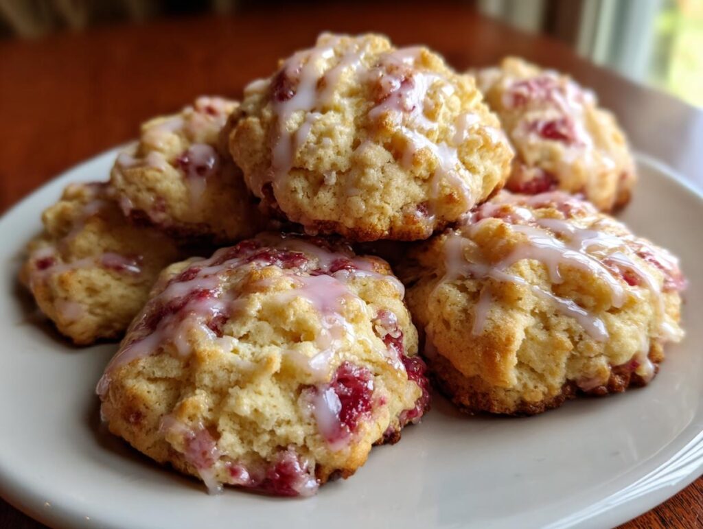 Pile of delicious STRAWBERRY CAKE MIX COOKIES with glaze on a white plate.