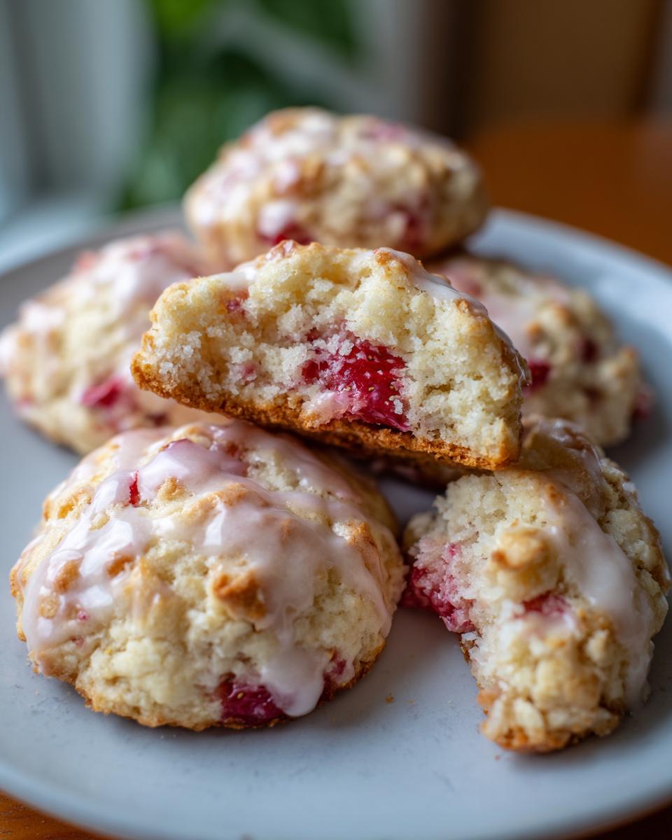 Close-up of glazed STRAWBERRY CAKE MIX COOKIES on a plate, showing the strawberry filling.