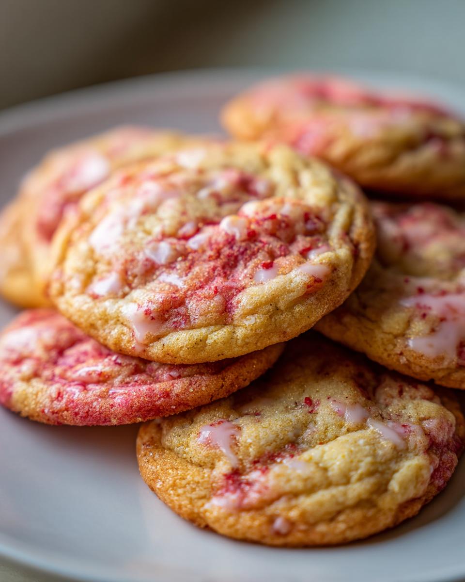 Close-up of a stack of STRAWBERRY CAKE MIX COOKIES on a white plate, showing their texture and glaze.