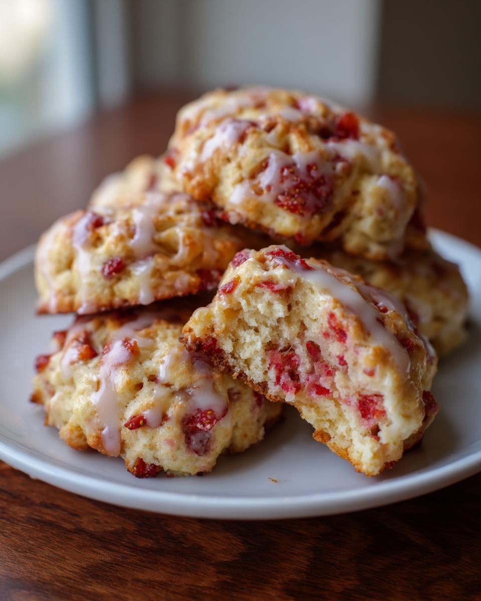 Stack of fresh STRAWBERRY CAKE MIX COOKIES on a white plate, drizzled with glaze.