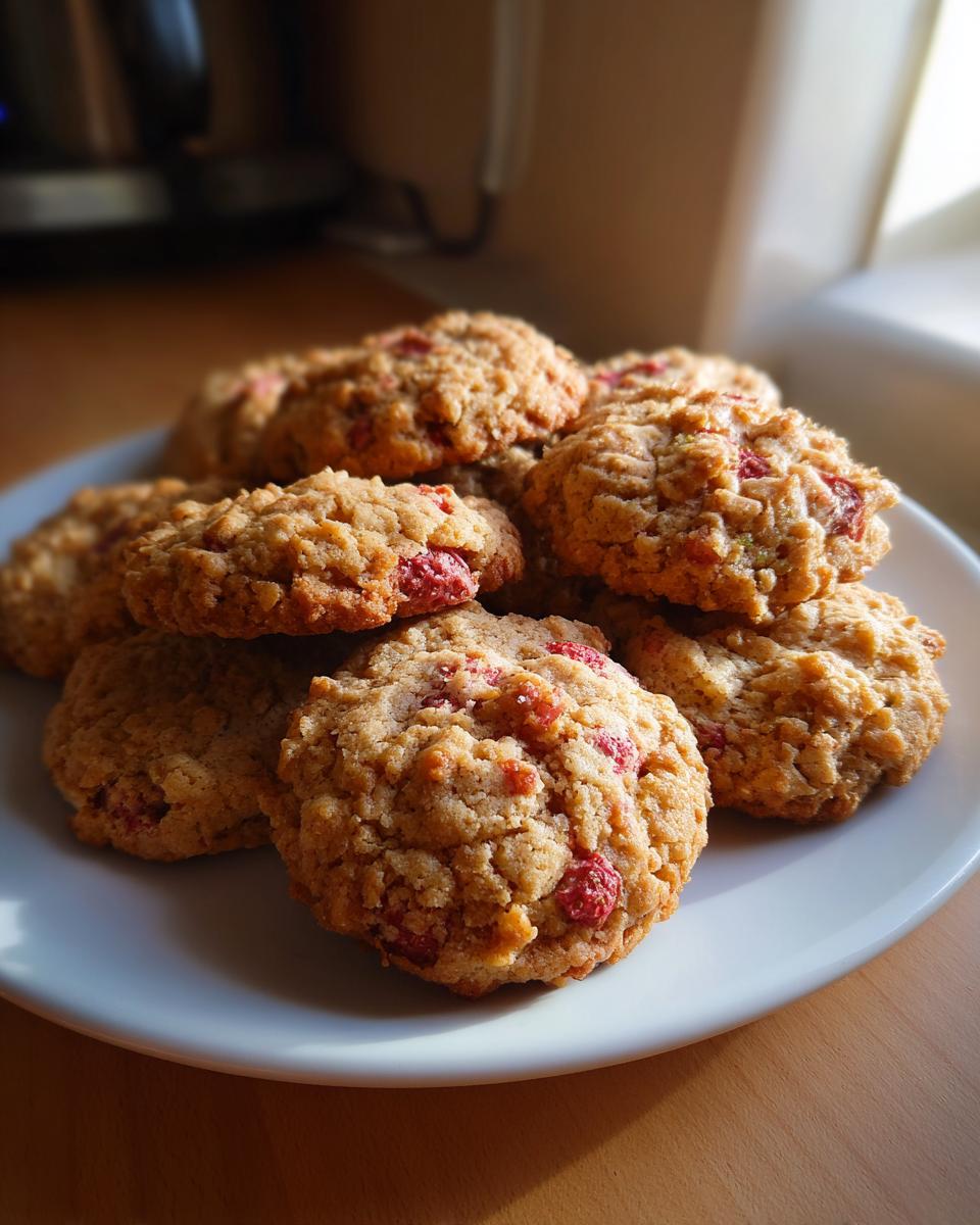 A stack of delicious Strawberry Crunch Cookies on a white plate, ready to be enjoyed.