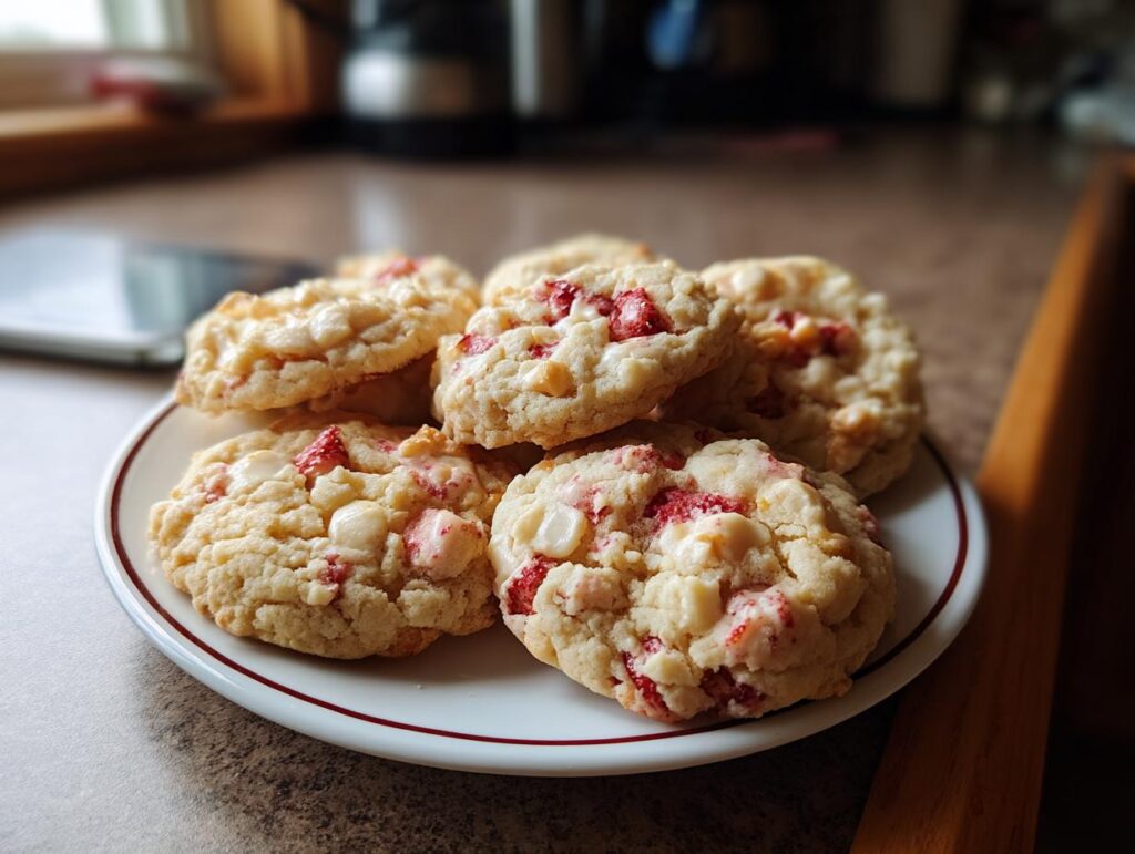 Plate of delicious Strawberry Crunch Cookies with white chocolate chips and dried strawberries.