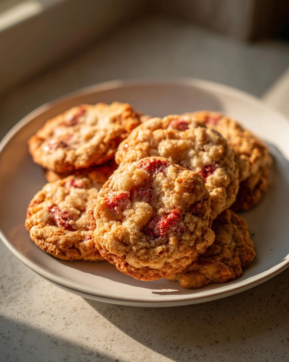 Pile of delicious Strawberry Crunch Cookies on a plate, ready to be enjoyed.
