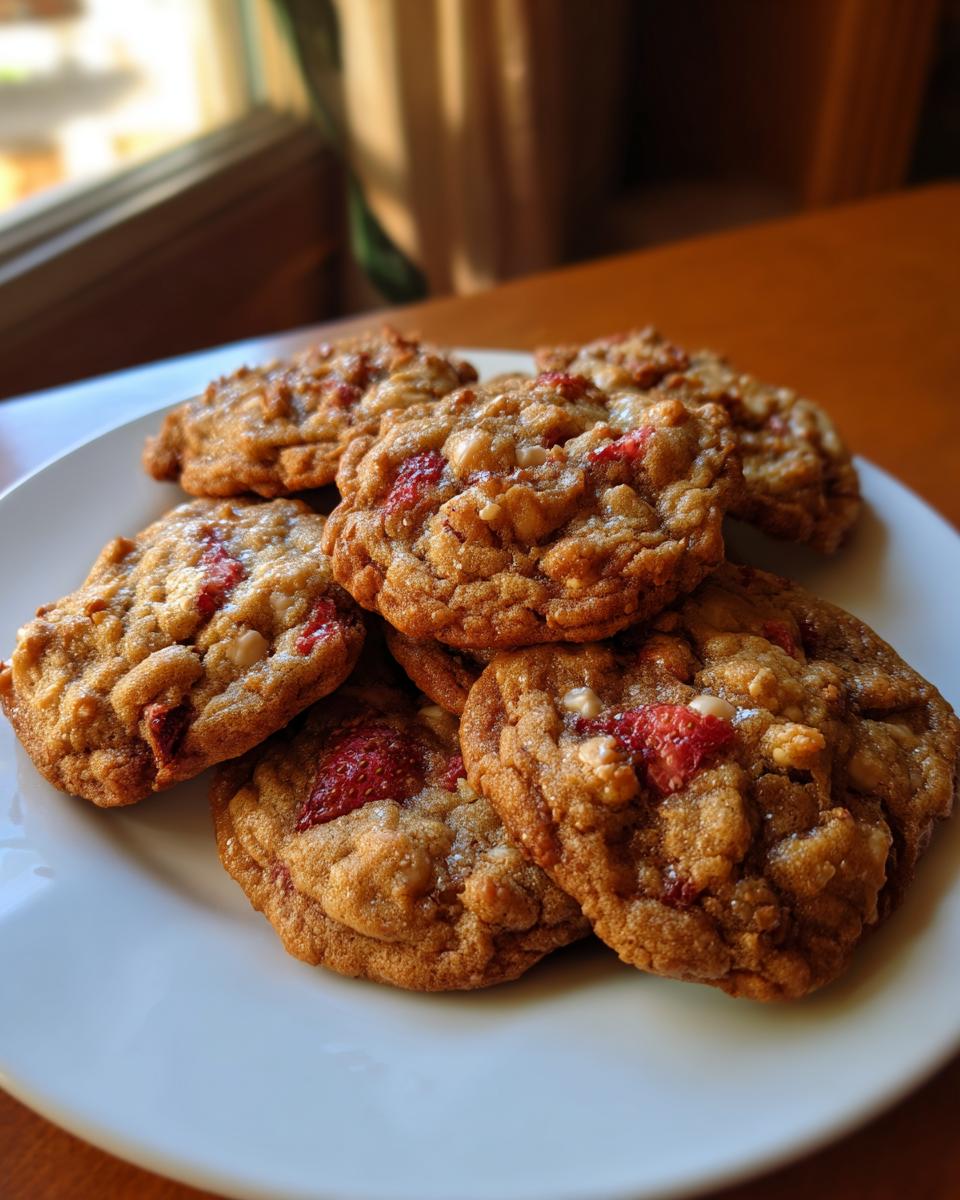 A plate piled high with delicious Strawberry Crunch Cookies, showing the texture and strawberry pieces.