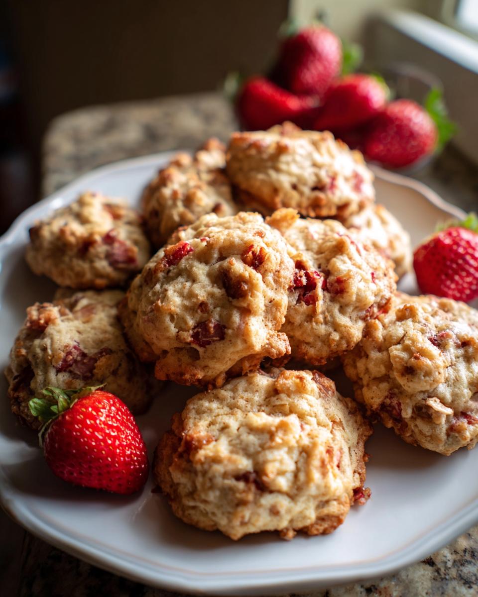 Pile of delicious Strawberry Crunch Cookies on a white plate with fresh strawberries.