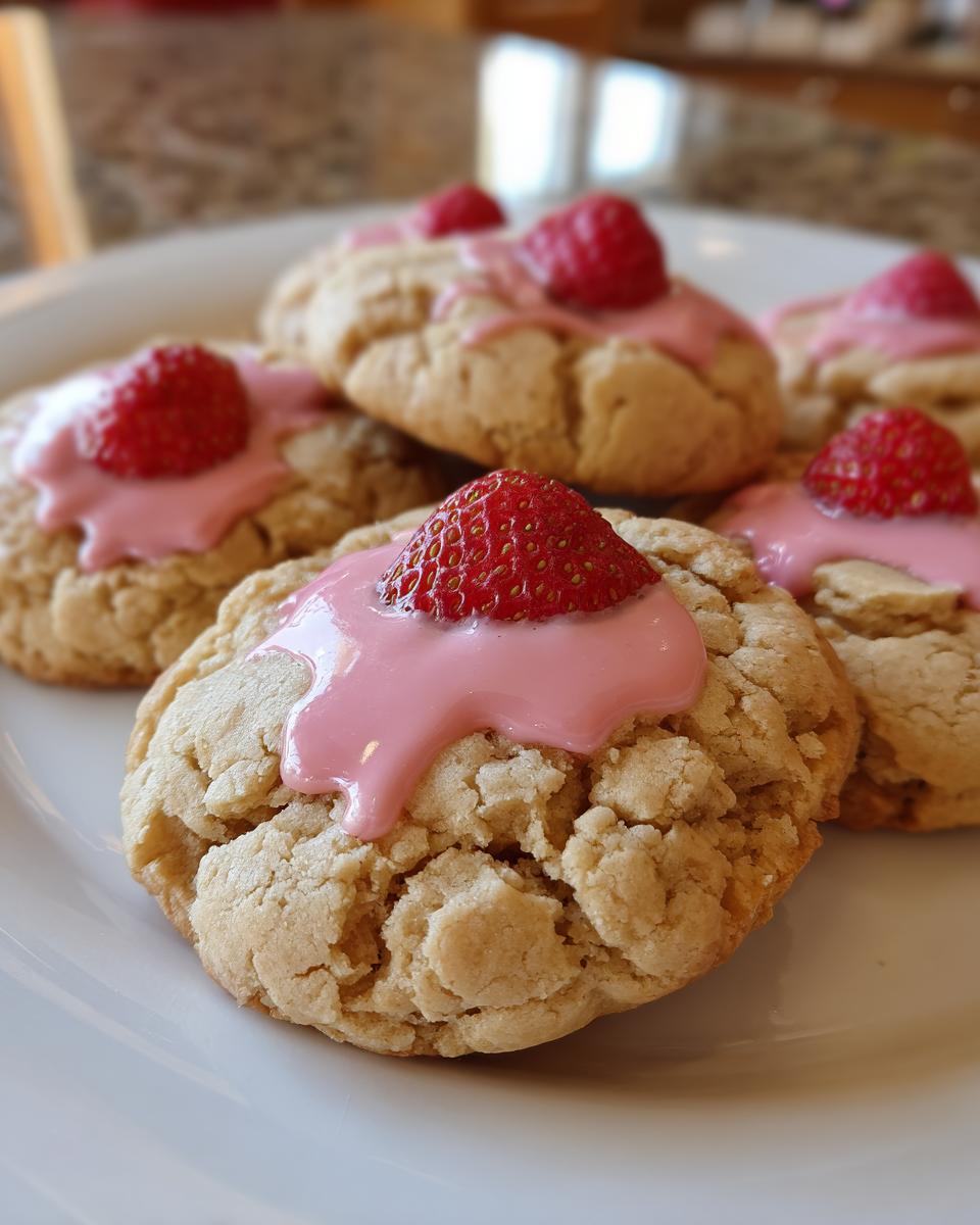 Yummy! 1 Recipe for Irresistible Strawberry Kiss Cookies 4 Close-up of freshly baked Strawberry Kiss Cookies with pink frosting and strawberries.