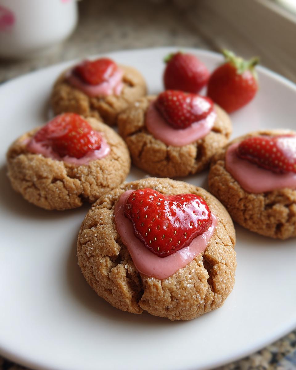 Yummy! 1 Recipe for Irresistible Strawberry Kiss Cookies 2 Close-up of several Strawberry Kiss Cookies on a white plate, topped with strawberries.