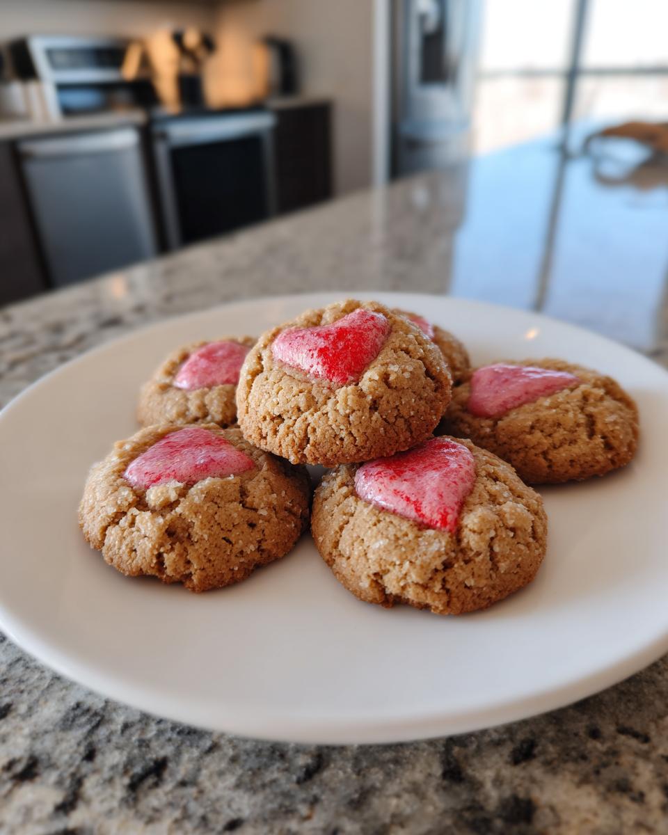 Yummy! 1 Recipe for Irresistible Strawberry Kiss Cookies 3 Close-up of a plate of Strawberry Kiss Cookies with red heart-shaped candies.