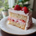 A slice of delicious Strawberry Layer Cake on a white plate, topped with fresh strawberries and frosting.