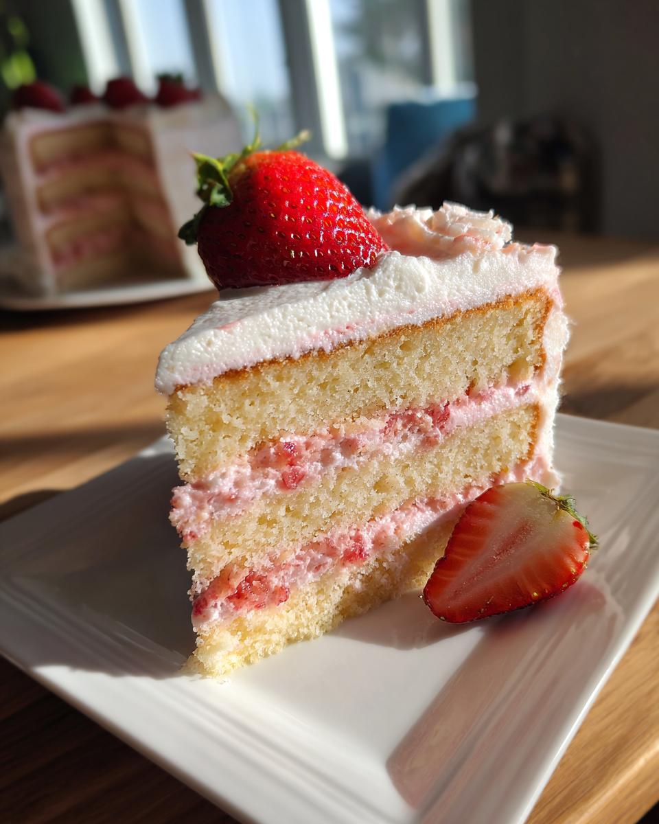 A slice of Strawberry Layer Cake with fresh strawberries on a white plate.