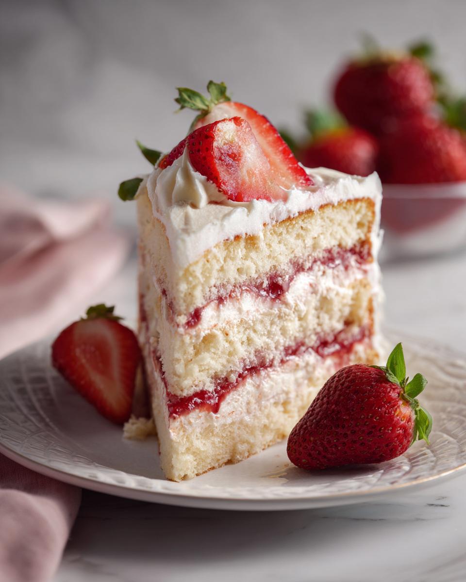 A slice of delicious Strawberry Layer Cake on a plate, garnished with fresh strawberries.
