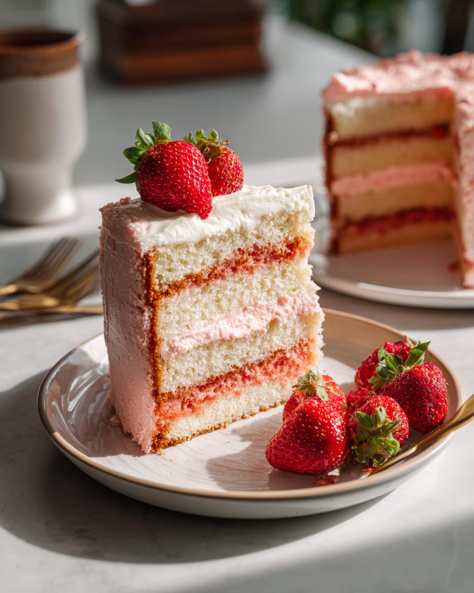 A slice of Strawberry Layer Cake with fresh strawberries on a plate.