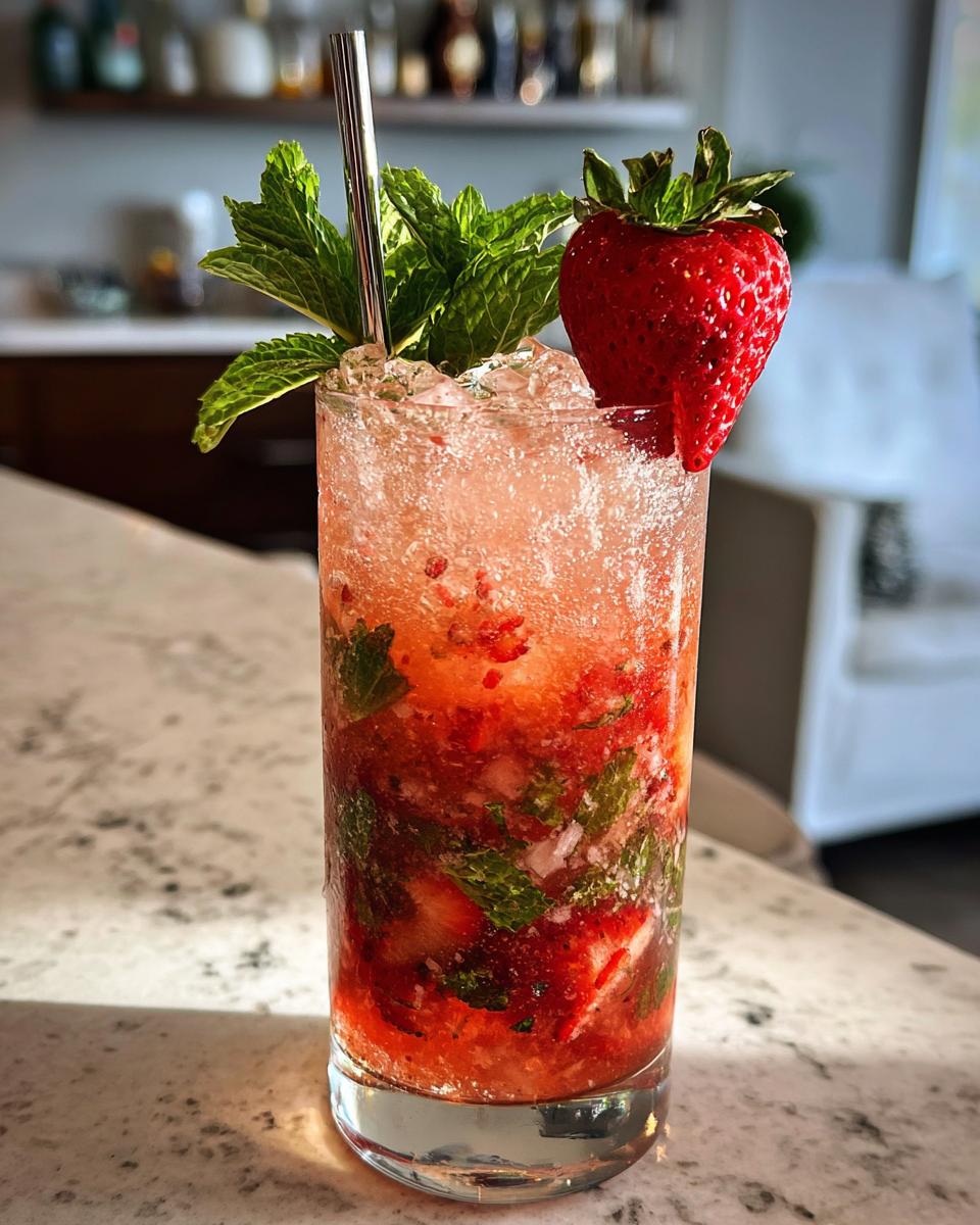 A vibrant Strawberry Mint Mojito cocktail with fresh strawberries, mint, and ice.