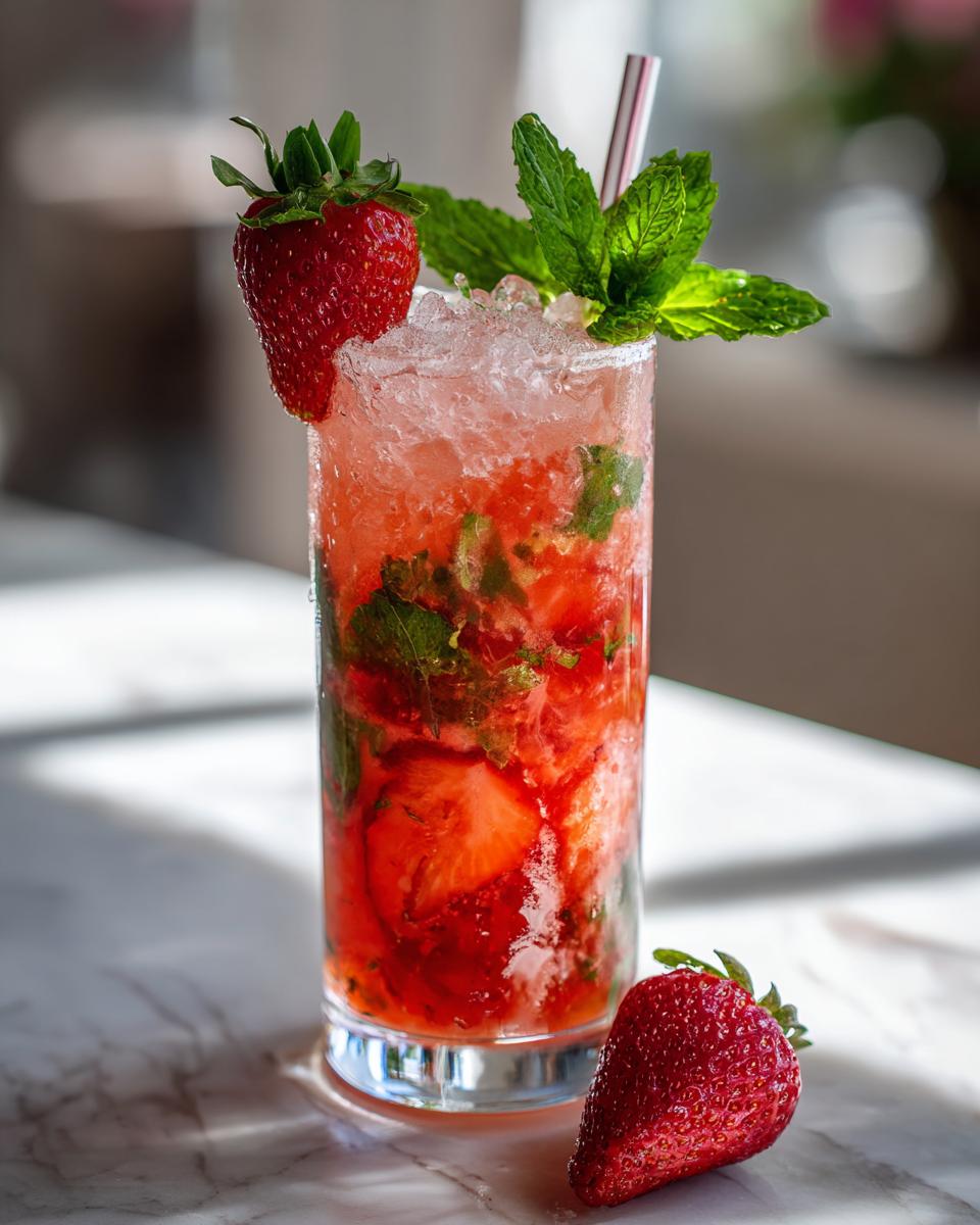 A vibrant Strawberry Mint Mojito cocktail with fresh strawberries and mint.