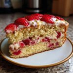 A delicious slice of Strawberry Pistachio Cake on a plate, topped with fresh strawberries.
