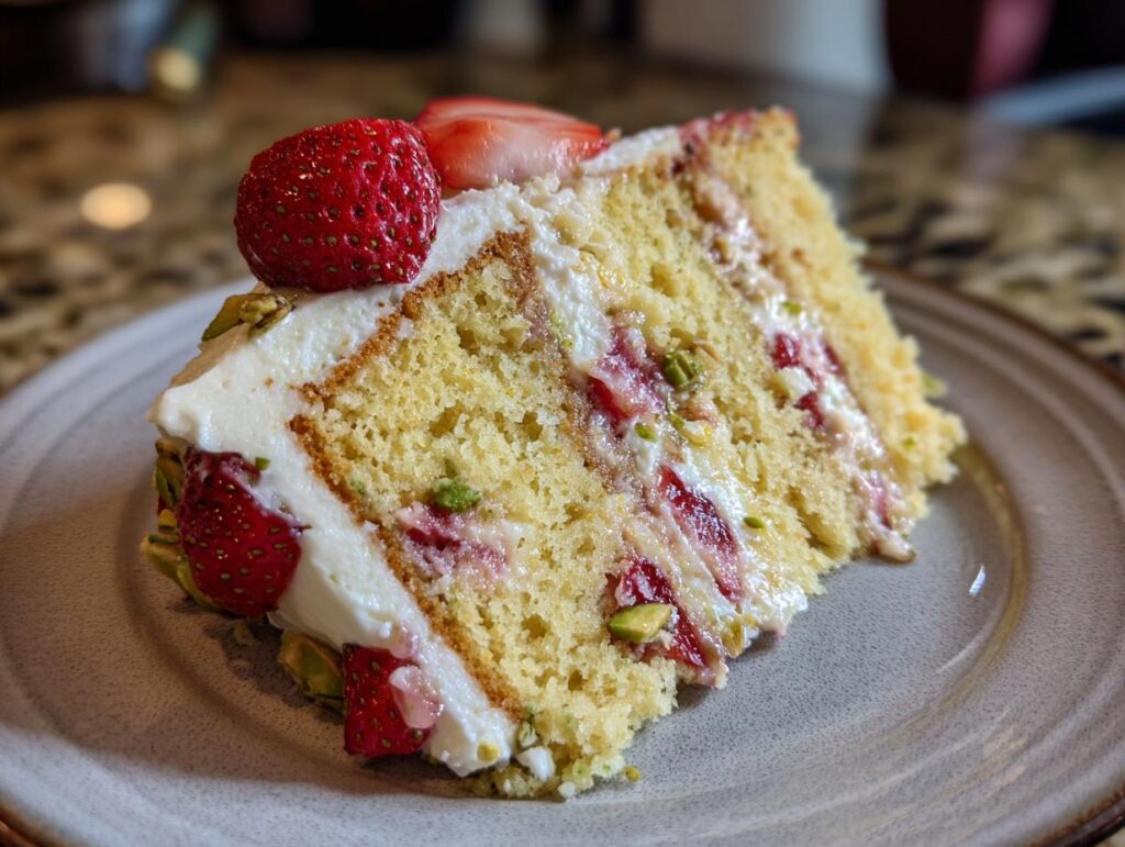 A slice of Strawberry Pistachio Cake on a plate, showing layers of cake, cream, strawberries, and pistachios.