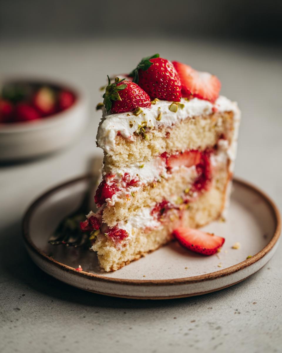 A slice of delicious Strawberry Pistachio Cake on a plate, topped with fresh strawberries and pistachios.