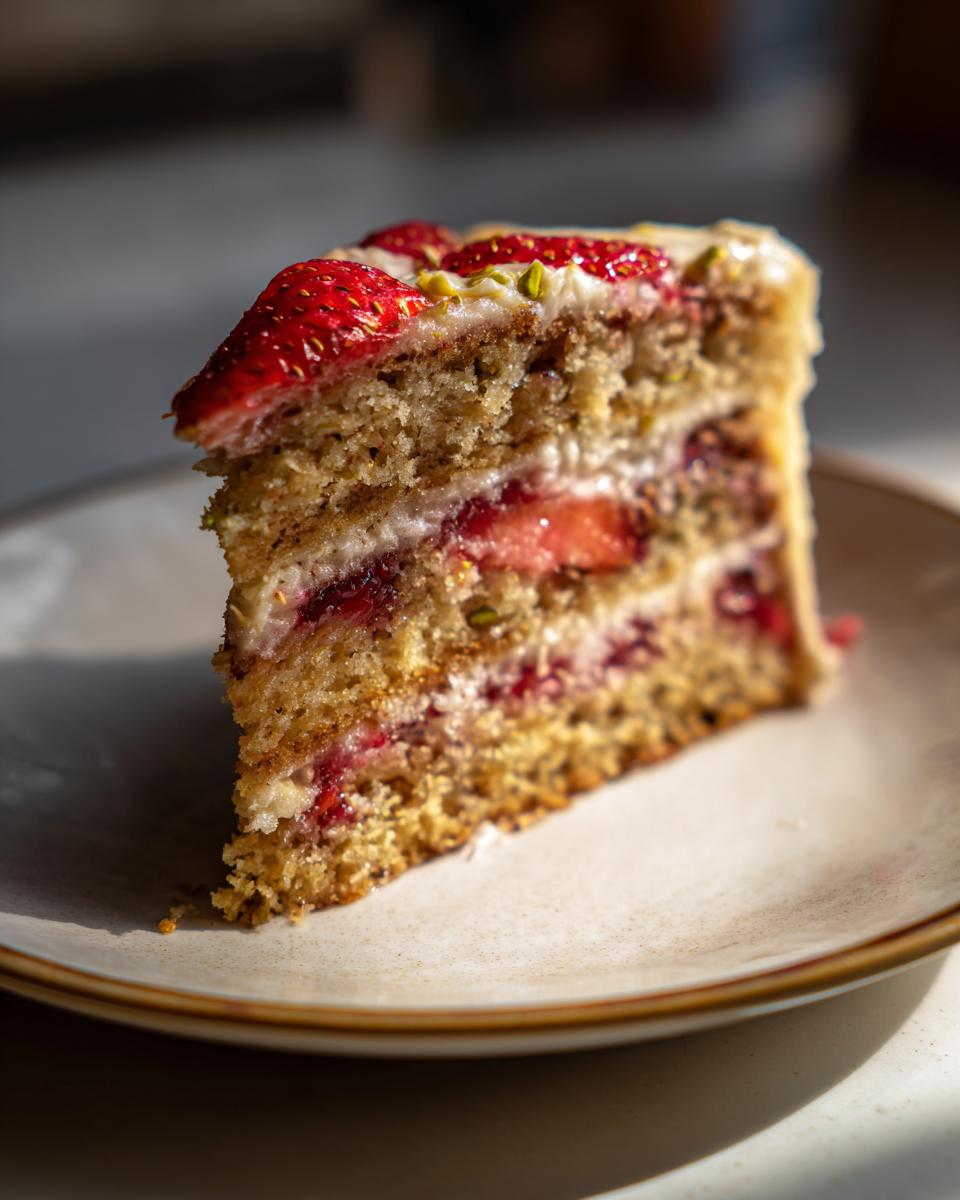 Close-up of a slice of Strawberry Pistachio Cake on a plate, showing layers and toppings.