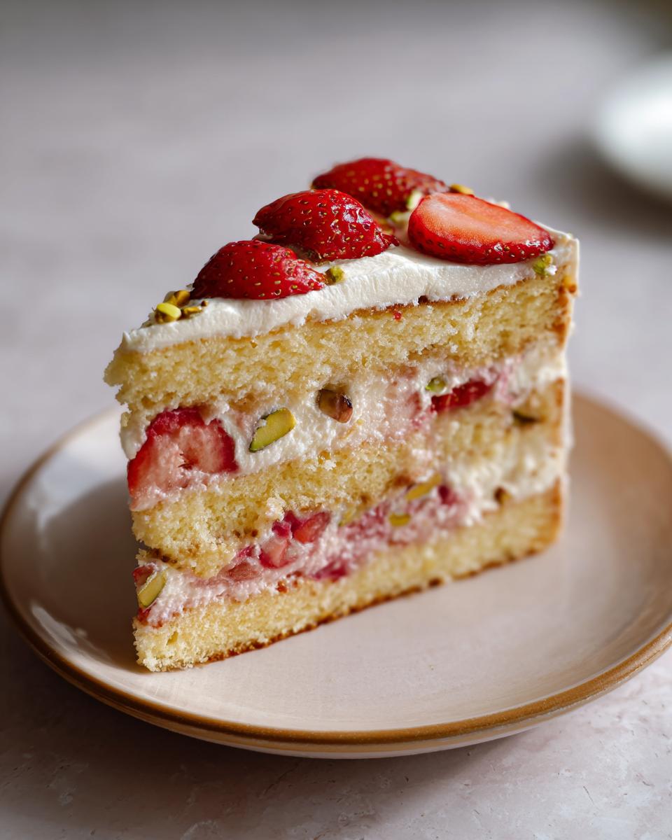 Close-up of a slice of Strawberry Pistachio Cake with fresh strawberries and pistachios.