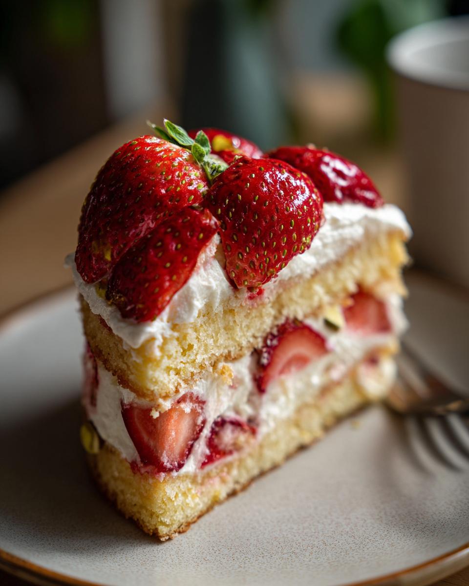 Close-up of a slice of Strawberry Pistachio Cake with fresh strawberries and whipped cream.